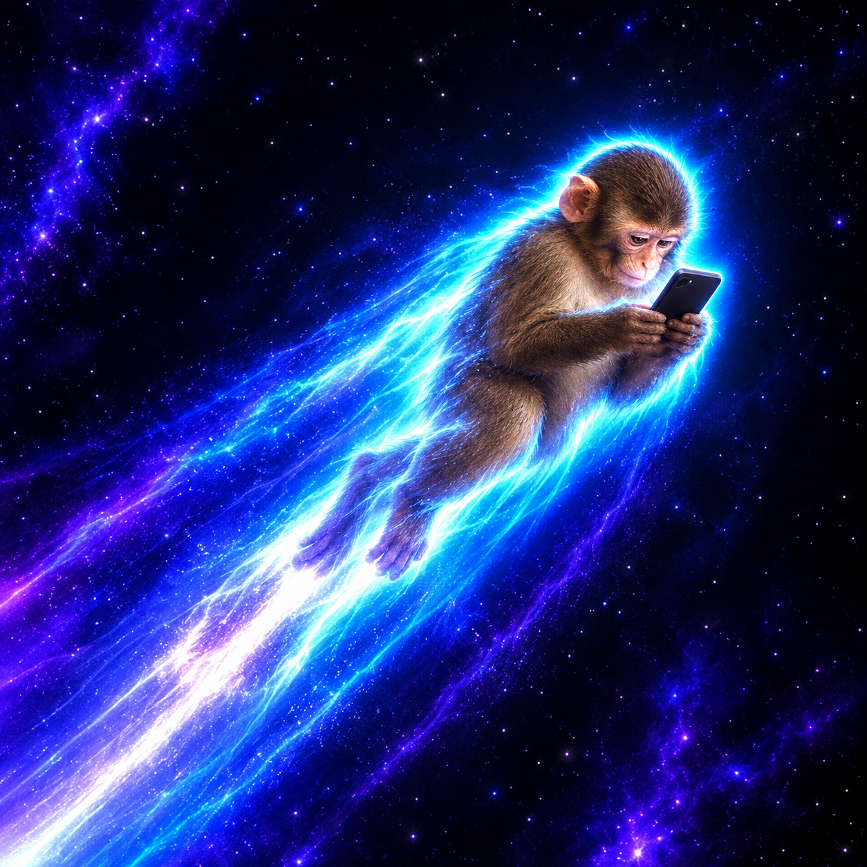 A young ape holding a phone while flying through a neon blue galaxy